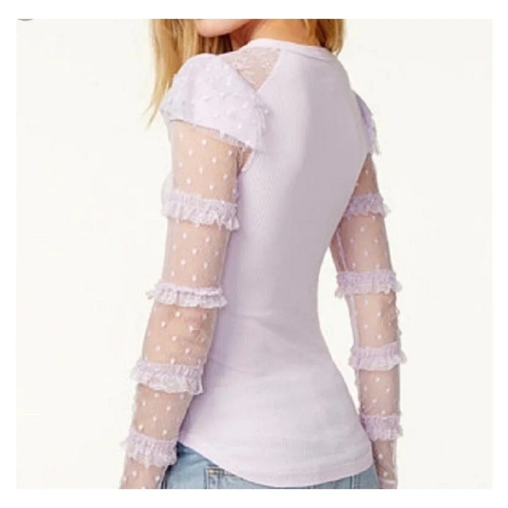 Free People Kiss Kiss Ruffle/Lace Mesh Top Lilac Size S Coquette Fairy